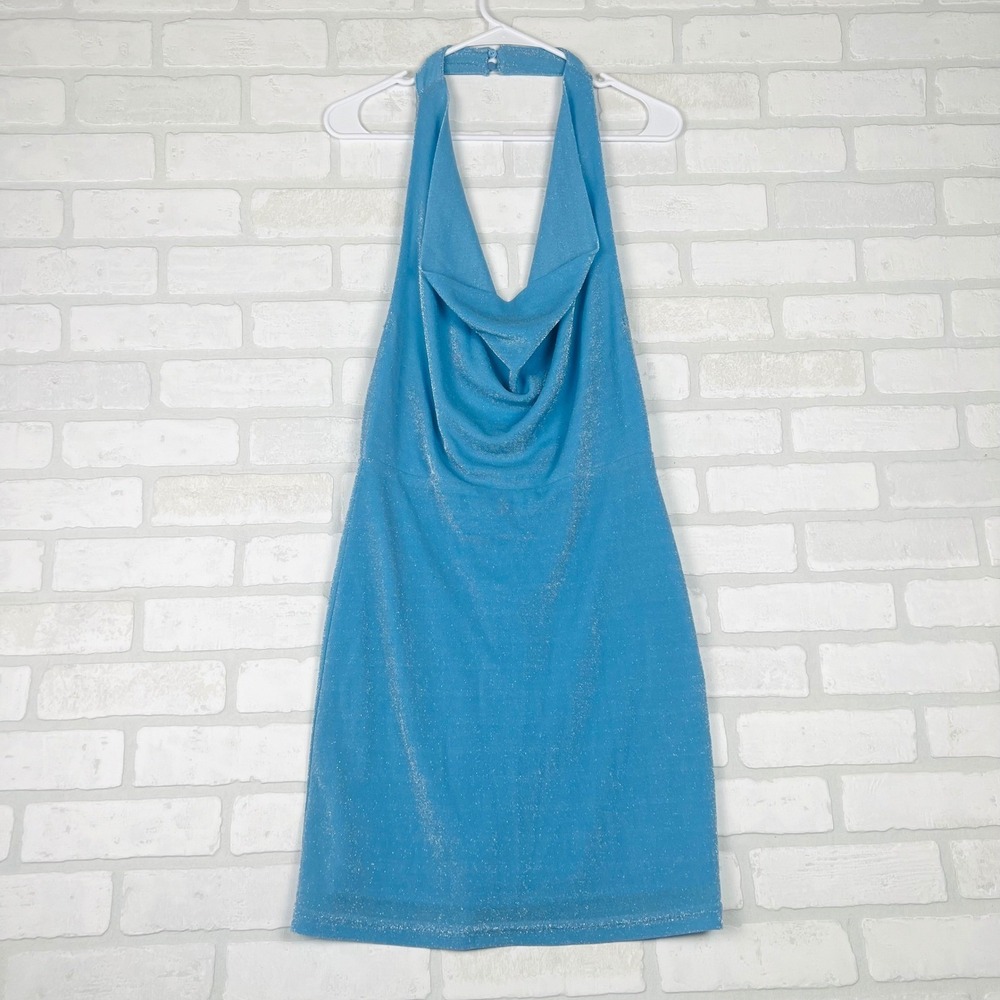 Le Lis Collection Blue Shimmer Halter Cowl Neck Mini Dress Open Back Large